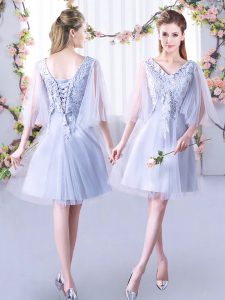 Modest Grey Lace Up Dama Dress Lace Sleeveless Mini Length