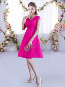 Cap Sleeves Mini Length Lace Lace Up Vestidos de Damas with Hot Pink