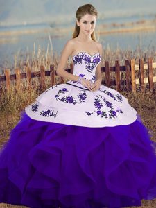 Comfortable White And Purple Ball Gowns Tulle Sweetheart Sleeveless Embroidery and Ruffles and Bowknot Floor Length Lace Up Vestidos de Quinceanera