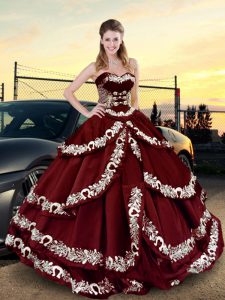 Clearance Wine Red Lace Up Sweetheart Embroidery and Ruffled Layers Quinceanera Dress Satin Sleeveless