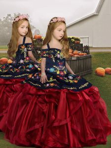 Embroidery and Ruffles Little Girls Pageant Dress Wine Red Lace Up Sleeveless Floor Length
