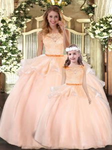 Peach Ball Gowns Scoop Sleeveless Organza Floor Length Zipper Lace Quince Ball Gowns