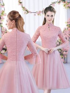 Best Tea Length Zipper Damas Dress Pink for Wedding Party with Lace