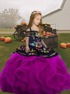 Pretty High Low Fuchsia Little Girl Pageant Gowns Tulle Sleeveless Embroidery and Ruffles