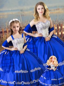 Trendy Royal Blue Satin Lace Up 15th Birthday Dress Sleeveless Floor Length Beading and Embroidery