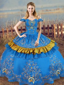 Off The Shoulder Sleeveless Lace Up Quinceanera Gowns Blue Satin
