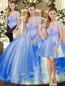 Artistic Sleeveless Floor Length Beading and Ruffles Lace Up Quinceanera Dresses with Blue