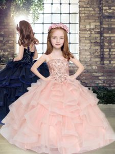 Peach Lace Up Straps Beading and Ruffles Kids Formal Wear Tulle Sleeveless