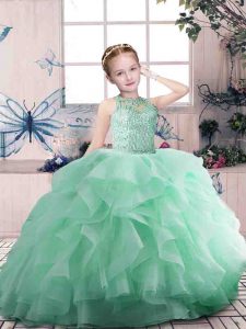Eye-catching Apple Green Sleeveless Beading and Ruffles Floor Length Child Pageant Dress