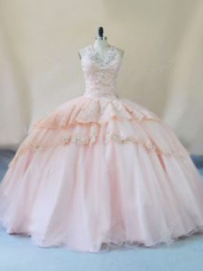 Glorious Ball Gowns Quinceanera Gown Peach Halter Top Tulle Sleeveless Lace Up
