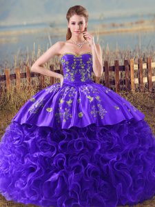 Discount Purple Lace Up Sweetheart Embroidery and Ruffles Quinceanera Dresses Fabric With Rolling Flowers Sleeveless Brush Train