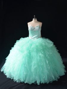 Apple Green Sleeveless Floor Length Beading and Ruffles Lace Up Quinceanera Dress