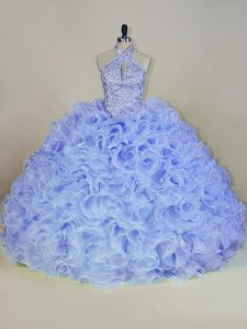 Dynamic Lavender Ball Gowns Beading 15th Birthday Dress Lace Up Fabric With Rolling Flowers Sleeveless
