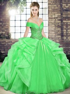 Elegant Green Organza Lace Up Off The Shoulder Sleeveless Floor Length Ball Gown Prom Dress Beading and Ruffles