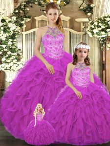 High End Fuchsia Sleeveless Tulle Lace Up Sweet 16 Dresses for Military Ball and Sweet 16 and Quinceanera