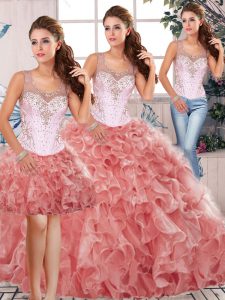 Organza Sleeveless Floor Length Sweet 16 Dresses and Beading and Ruffles