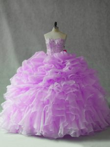 Flirting Strapless Sleeveless Quinceanera Gown Brush Train Beading and Ruffles and Pick Ups Lilac Organza
