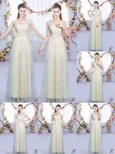 Lace and Bowknot Quinceanera Court of Honor Dress Champagne Lace Up Sleeveless Floor Length
