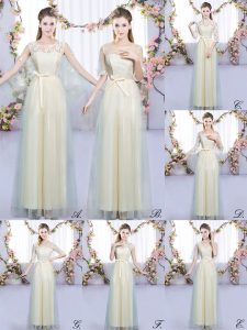 Lace and Bowknot Quinceanera Court of Honor Dress Champagne Lace Up Sleeveless Floor Length