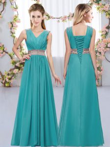 Clearance Teal Lace Up Quinceanera Court of Honor Dress Beading and Belt Sleeveless Floor Length