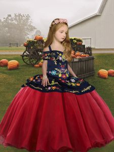 Coral Red Organza Lace Up Straps Sleeveless Floor Length Little Girls Pageant Dress Wholesale Embroidery