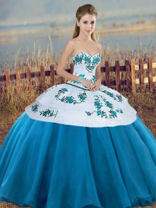 Comfortable Floor Length Lace Up Sweet 16 Dresses Blue And White for Military Ball and Sweet 16 and Quinceanera with Embroidery and Bowknot