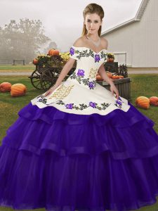 Purple Quinceanera Dress Tulle Brush Train Sleeveless Embroidery and Ruffled Layers