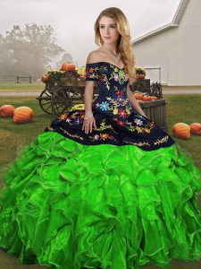 Sleeveless Floor Length Embroidery and Ruffles Lace Up Vestidos de Quinceanera with Green