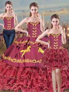 Burgundy Mermaid Satin and Organza Sweetheart Sleeveless Embroidery and Ruffles Lace Up Sweet 16 Quinceanera Dress Brush Train