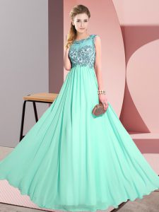 Best Apple Green Backless Quinceanera Court of Honor Dress Beading and Appliques Sleeveless Floor Length