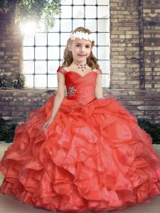 Adorable Sleeveless Organza Floor Length Lace Up Kids Formal Wear in Coral Red with Beading and Ruching