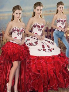 White And Red Sweetheart Lace Up Embroidery and Ruffles and Bowknot Ball Gown Prom Dress Sleeveless