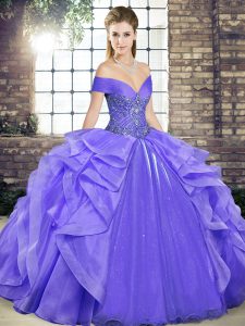 Stylish Floor Length Lavender Sweet 16 Quinceanera Dress Off The Shoulder Sleeveless Lace Up