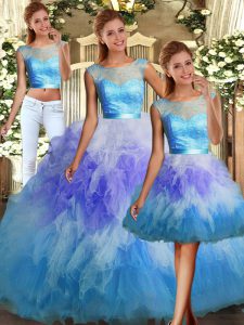 Designer Scoop Sleeveless Sweet 16 Dresses Floor Length Lace and Ruffles Multi-color Tulle