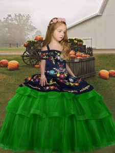 Modern Green Ball Gowns Tulle Straps Sleeveless Embroidery and Ruffled Layers Floor Length Lace Up Child Pageant Dress