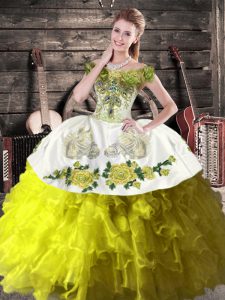 Olive Green Lace Up Off The Shoulder Ruffles Quinceanera Dresses Organza Sleeveless