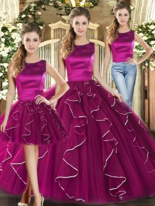 Sweet Floor Length Lace Up Vestidos de Quinceanera Fuchsia for Military Ball and Sweet 16 and Quinceanera with Ruffles