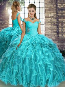 Aqua Blue Lace Up Quinceanera Dresses Beading and Ruffles Sleeveless Brush Train