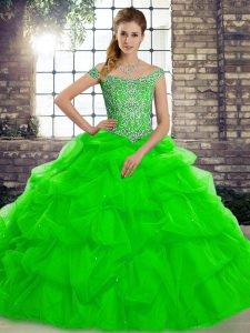 Green Tulle Lace Up Off The Shoulder Sleeveless Sweet 16 Dresses Brush Train Beading and Pick Ups