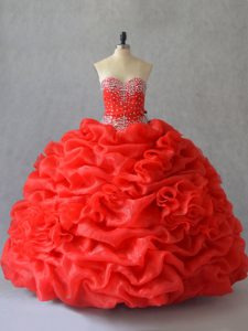 Red Ball Gowns Pick Ups and Hand Made Flower Ball Gown Prom Dress Lace Up Organza Sleeveless Floor Length
