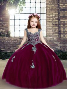 Discount Spaghetti Straps Sleeveless Lace Up Little Girls Pageant Gowns Fuchsia Tulle
