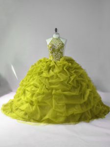 Free and Easy Lace Up Sweet 16 Dresses Olive Green for Sweet 16 and Quinceanera with Beading and Pick Ups Court Train