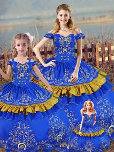 Fashionable Off The Shoulder Sleeveless Sweet 16 Quinceanera Dress Floor Length Embroidery Blue Satin