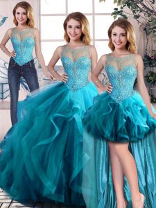 Stunning Aqua Blue Lace Up Vestidos de Quinceanera Beading and Ruffles Sleeveless Floor Length