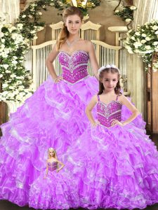Superior Lilac Ball Gowns Beading and Ruffles Ball Gown Prom Dress Lace Up Organza Sleeveless Floor Length