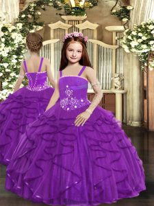 Dramatic Purple Ball Gowns Straps Sleeveless Tulle Floor Length Lace Up Ruffles Little Girl Pageant Dress