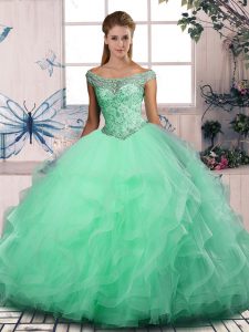 Affordable Apple Green Lace Up Quinceanera Gowns Beading and Ruffles Sleeveless Floor Length