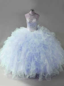 Tulle Halter Top Sleeveless Lace Up Beading and Ruffles 15 Quinceanera Dress in Lavender
