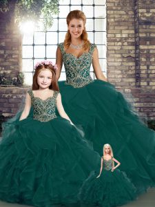 Colorful Peacock Green Tulle Lace Up Vestidos de Quinceanera Sleeveless Floor Length Beading and Ruffles