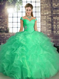 Classical Turquoise Lace Up Off The Shoulder Beading and Ruffles 15 Quinceanera Dress Organza Sleeveless
